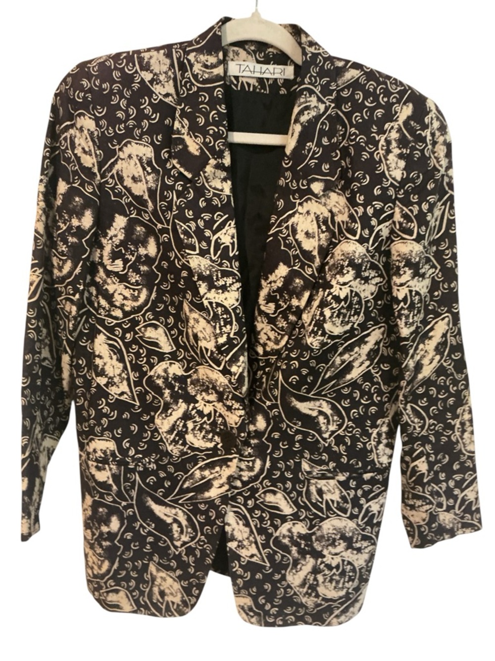 Tahari Black Beige Floral Blazer Women’s Size 2 Linen Lightweight Chic Jacket - Picture 2 of 8